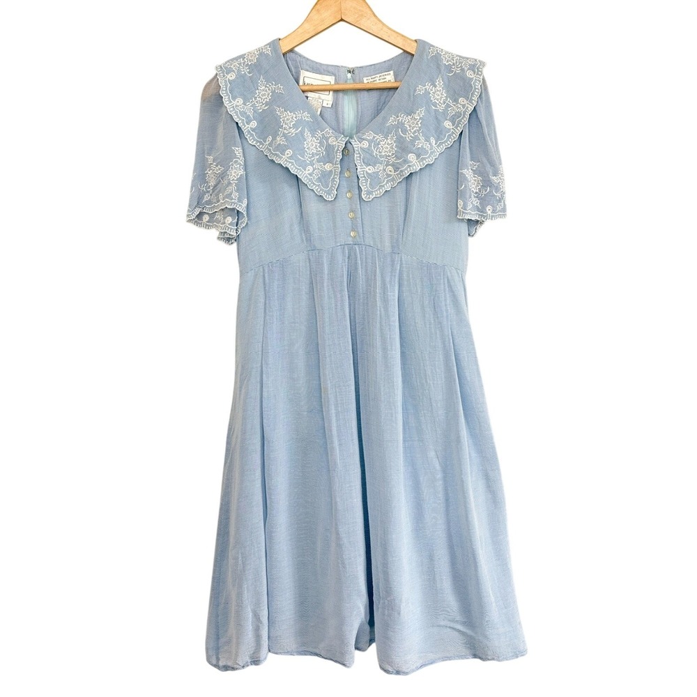 VTG Cottagecore Prairie Embroidered‎ Collar Midi Cotton Bohemian Dress Sz 6 Blue